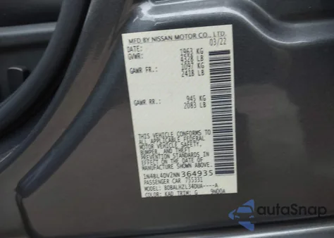 2022 Nissan Altima Sv Fwd from USA, damaged, VIN 1N4BL4DV2NN364935